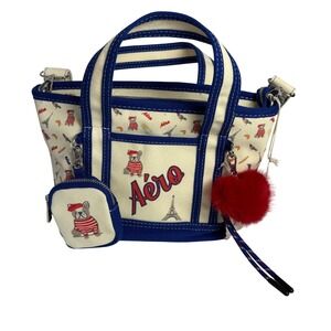 Aeropostale Mini Canvas Tote Crossbody Bag Royal Blue Paris Bulldog NWT Festive